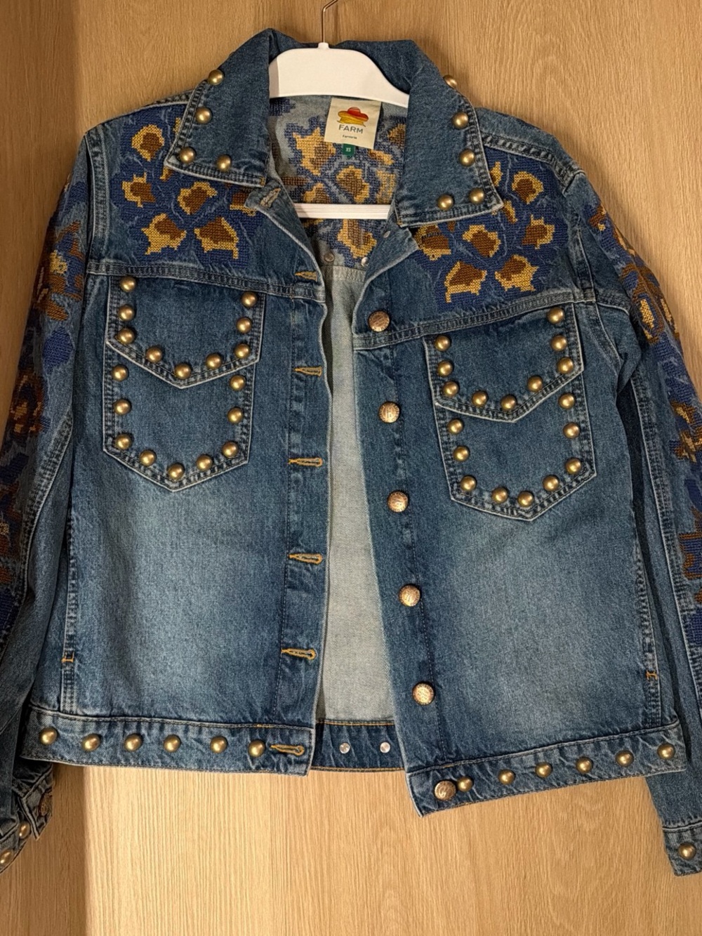 FARM Rio Blue Denim Studded Jacket with Embroidered Accents - Picture 3 of 4